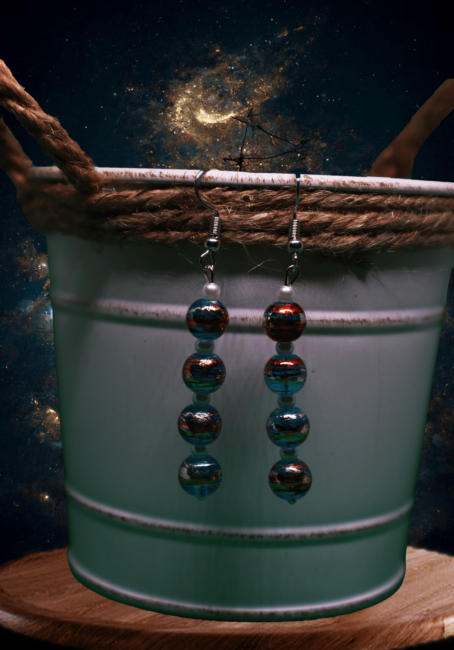 Multi-Colored Space-Themed Dangle Earrings with Pearls by When The Sun Doth Sleep