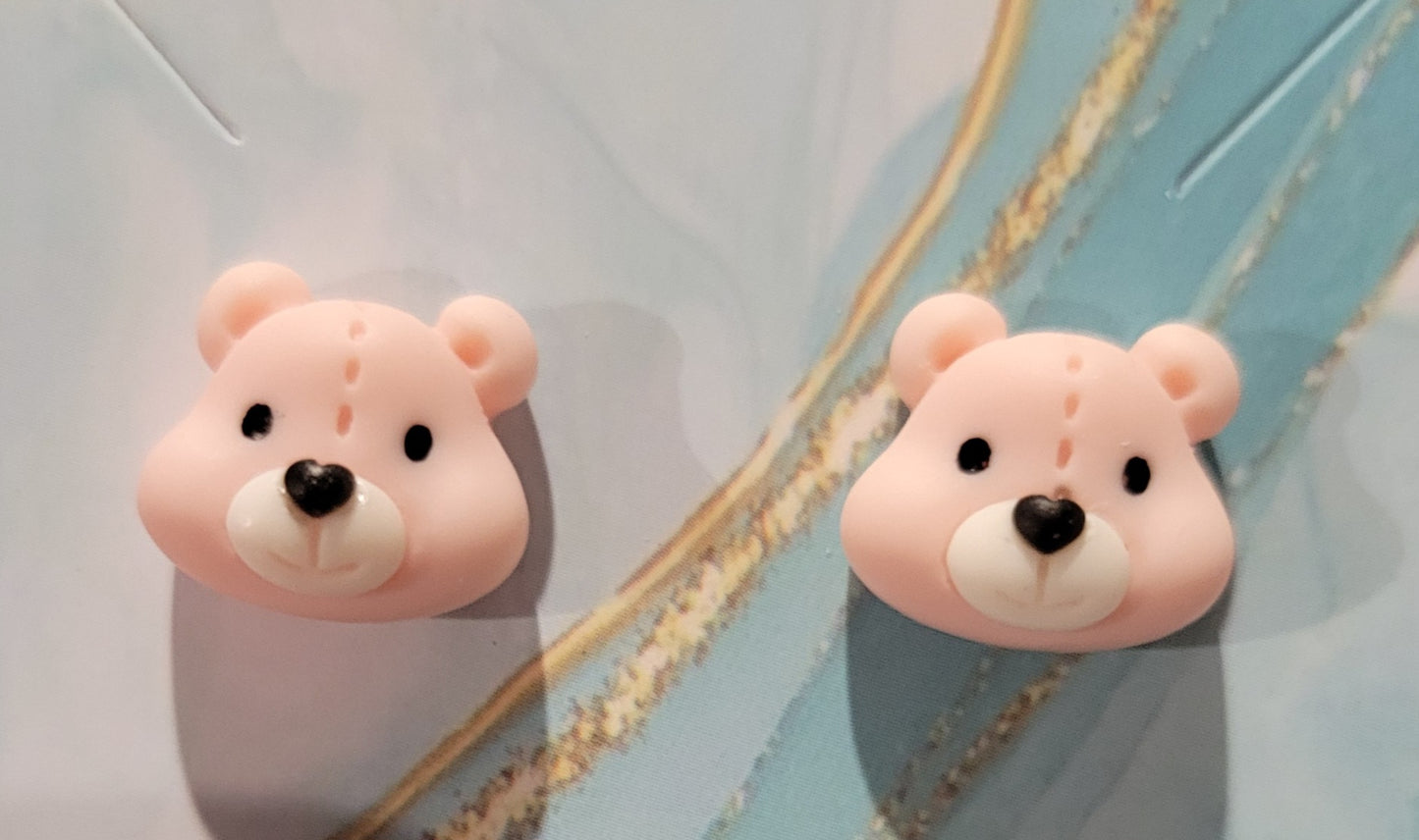 Pink Bear Head Stud Earrings by When The Sun Doth Sleep