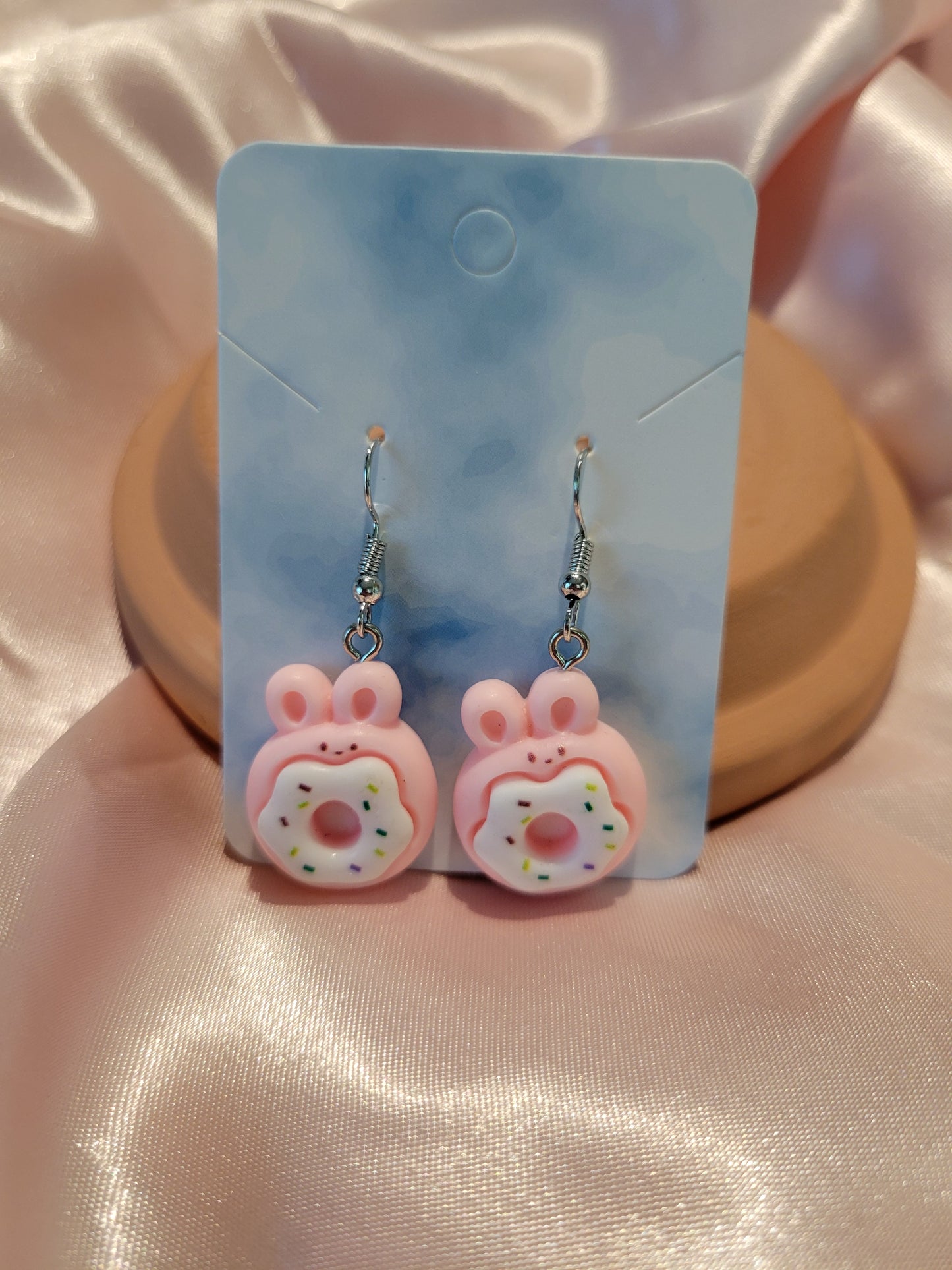 Pink Donut Bunny Dangle Earrings by When The Sun Doth Sleep