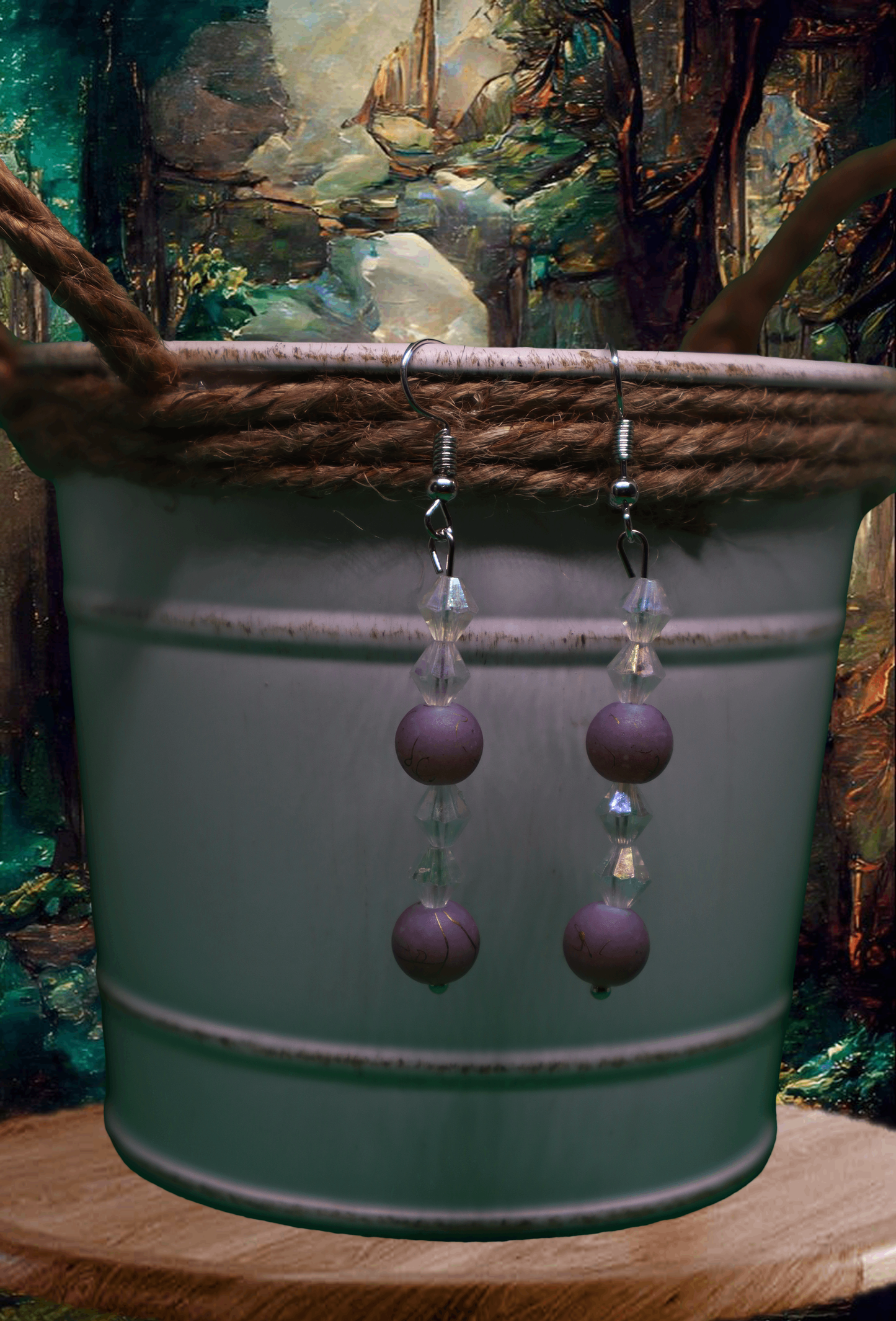 Purple & Gold Swirl Bead Dangle Earrings by When The Sun Doth Sleep