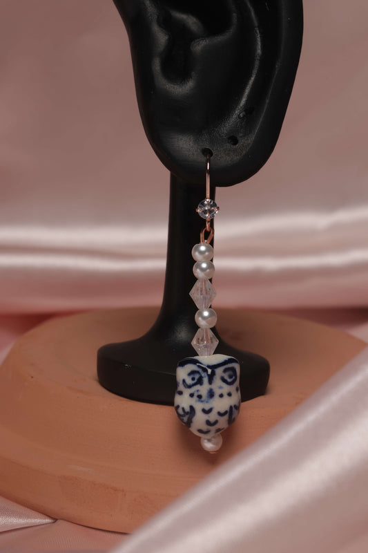 Blue & White Owl Dangle Earrings with Crystals & Pearls by When The Sun Doth Sleep