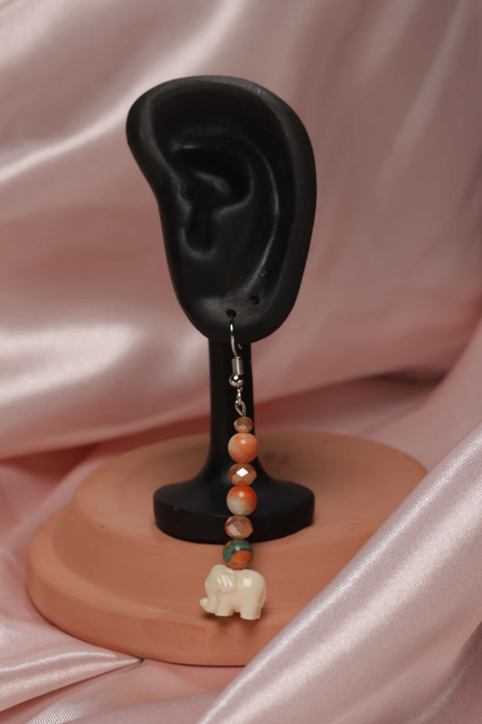 White Elephant Dangle Earrings with Orange & Blue Beads by When The Sun Doth Sleep