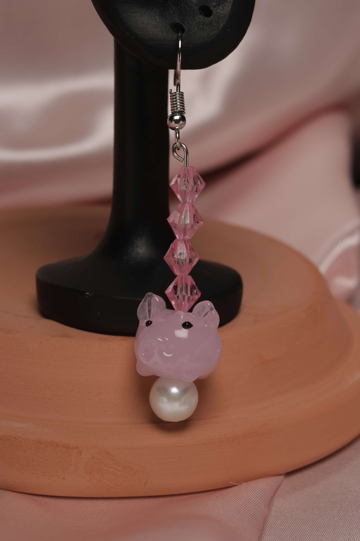 Pink Pig Dangle Earrings with Crystals & Pearls by When The Sun Doth Sleep