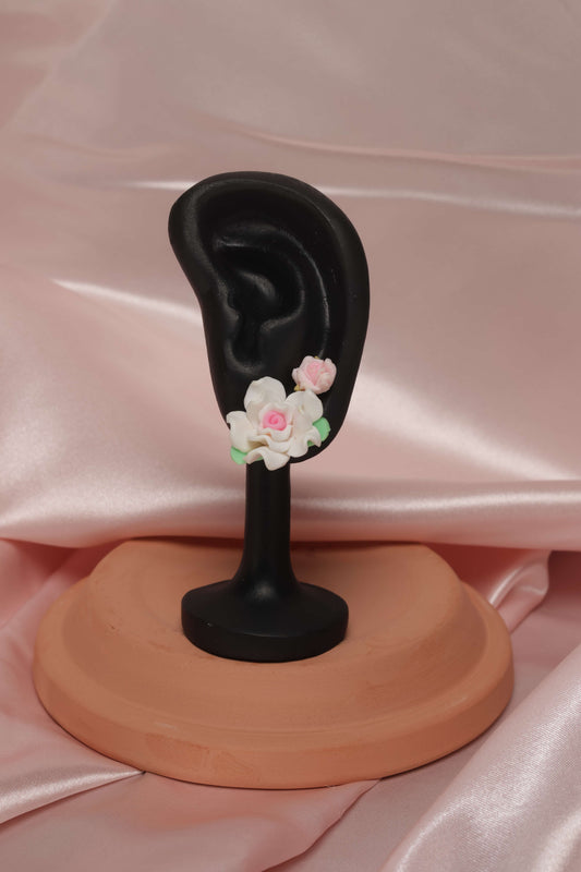 White & Pink Flower Stud Earrings by When The Sun Doth Sleep