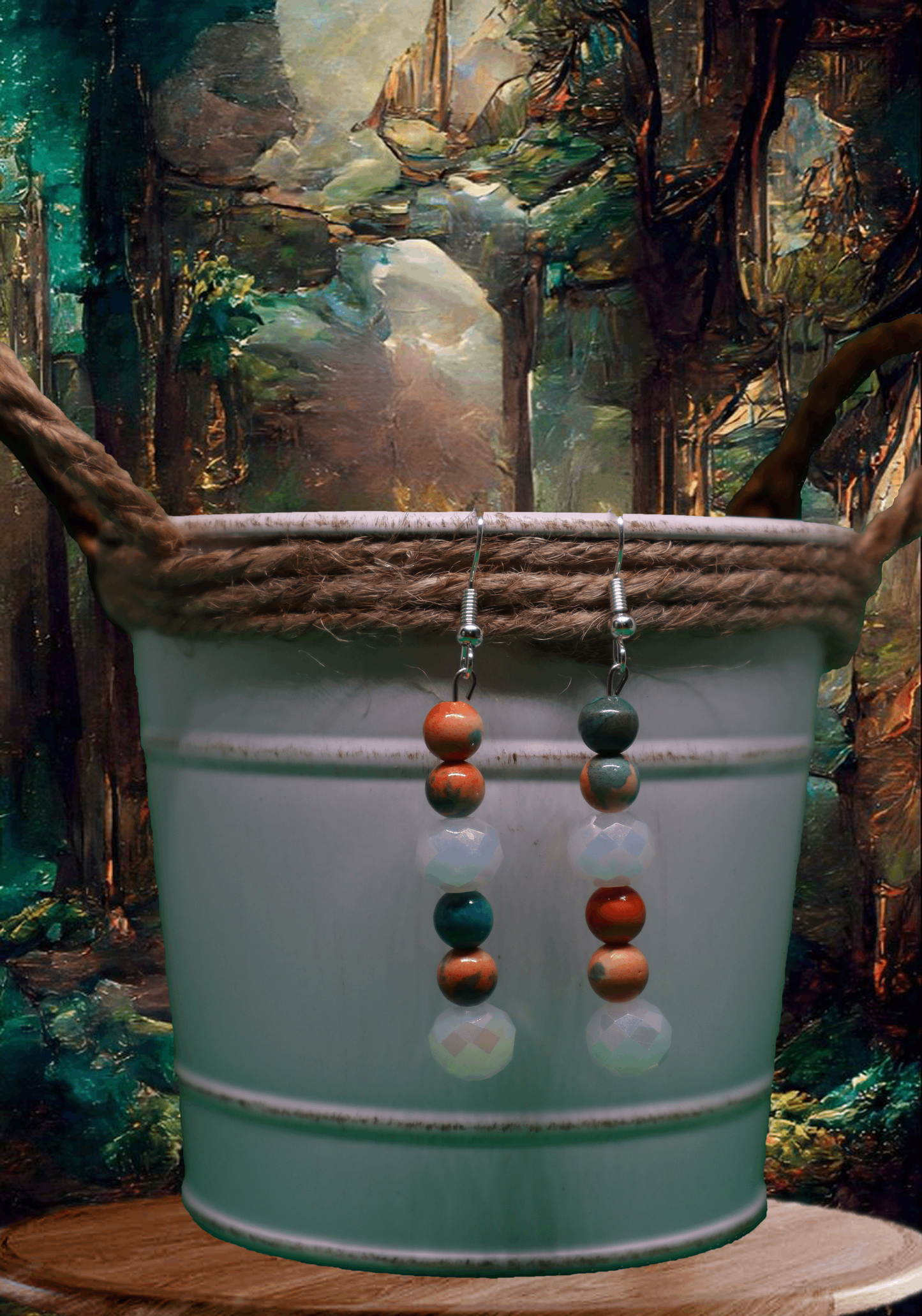 Teal & Orange Beaded Dangle Earrings with Crystals by When The Sun Doth Sleep