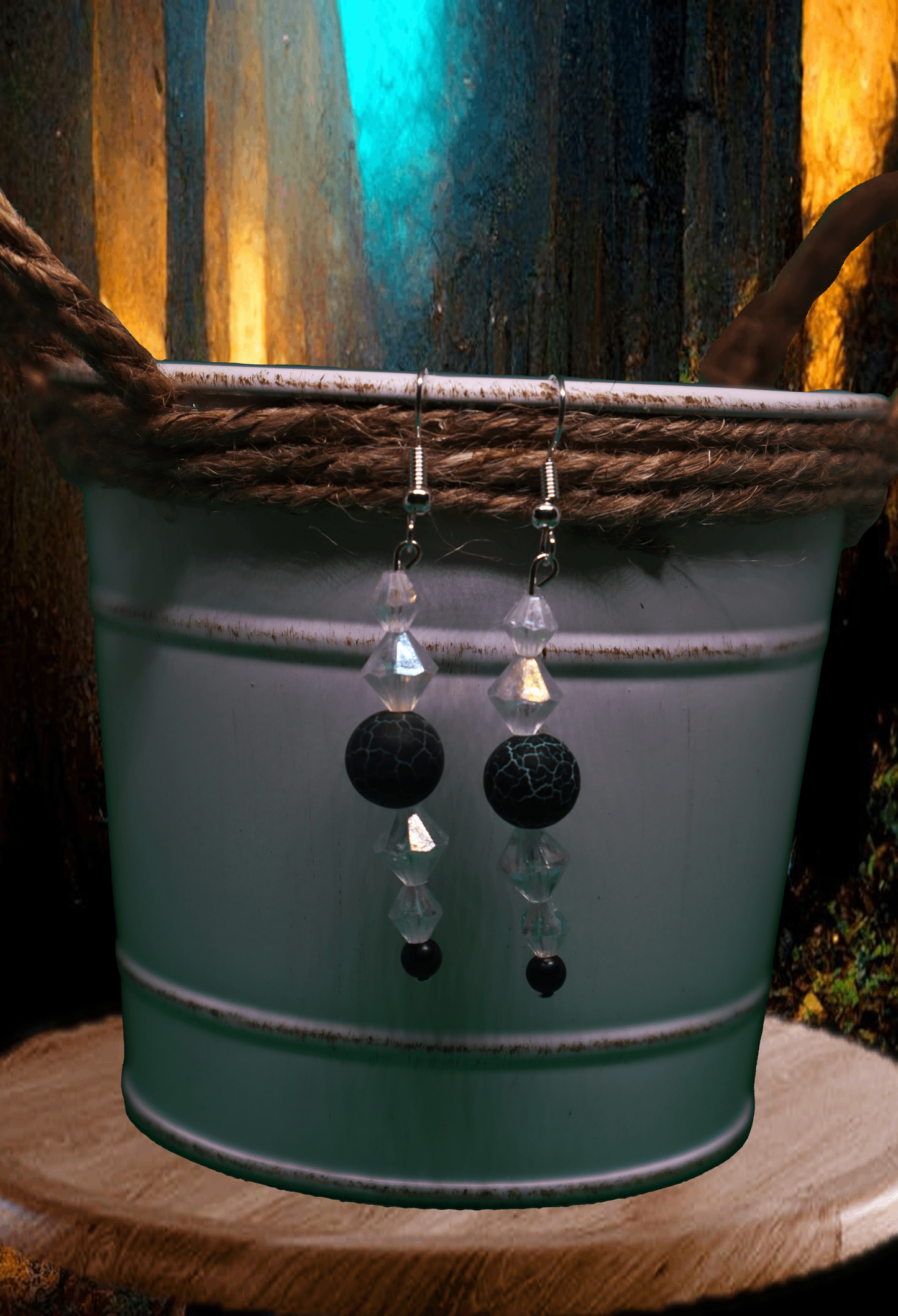 Black Crackle Bead & Crystal Dangle Earrings by When The Sun Doth Sleep