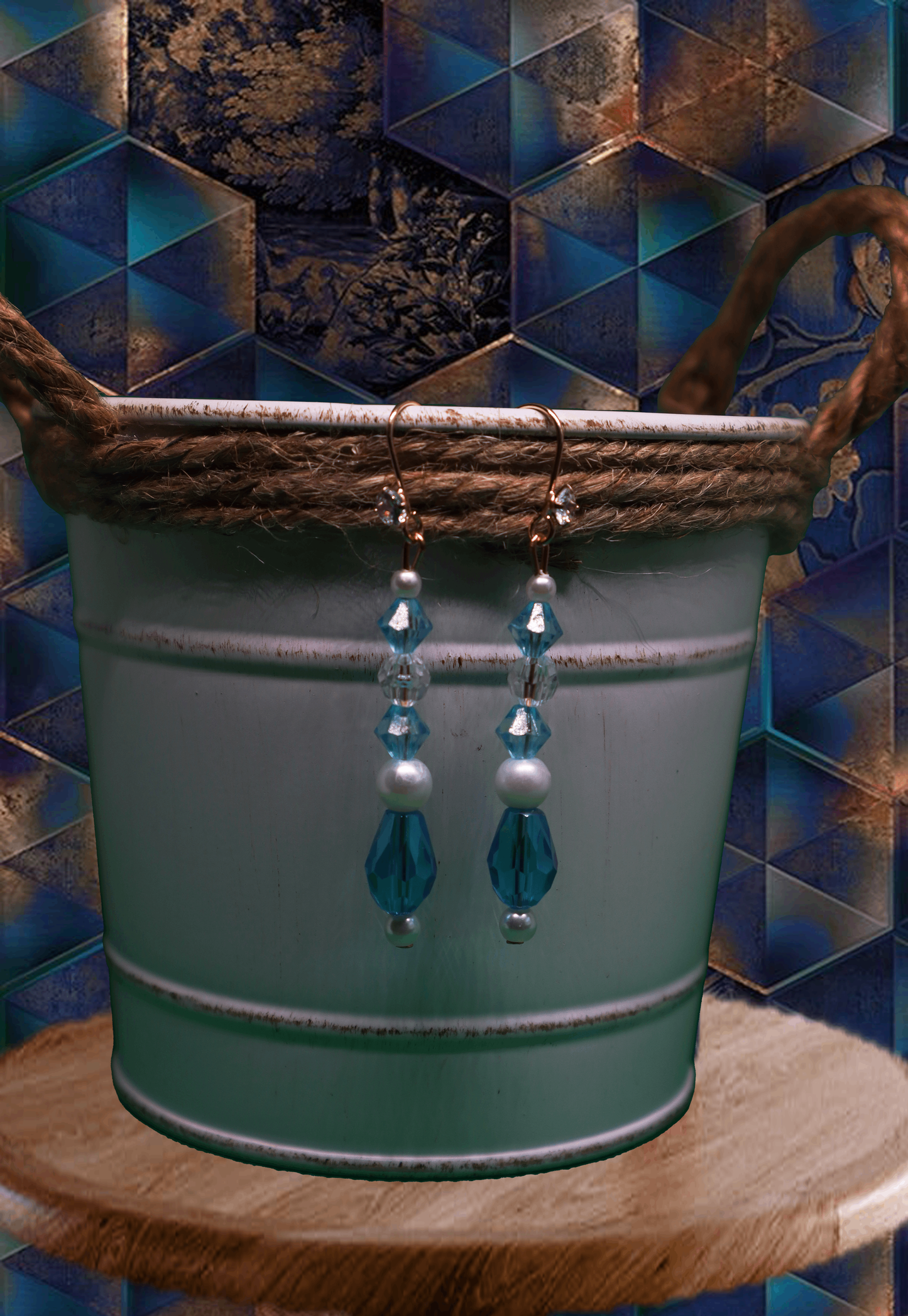 Blue Teardrop Dangle Earrings with Crystals & Pearls by When The Sun Doth Sleep