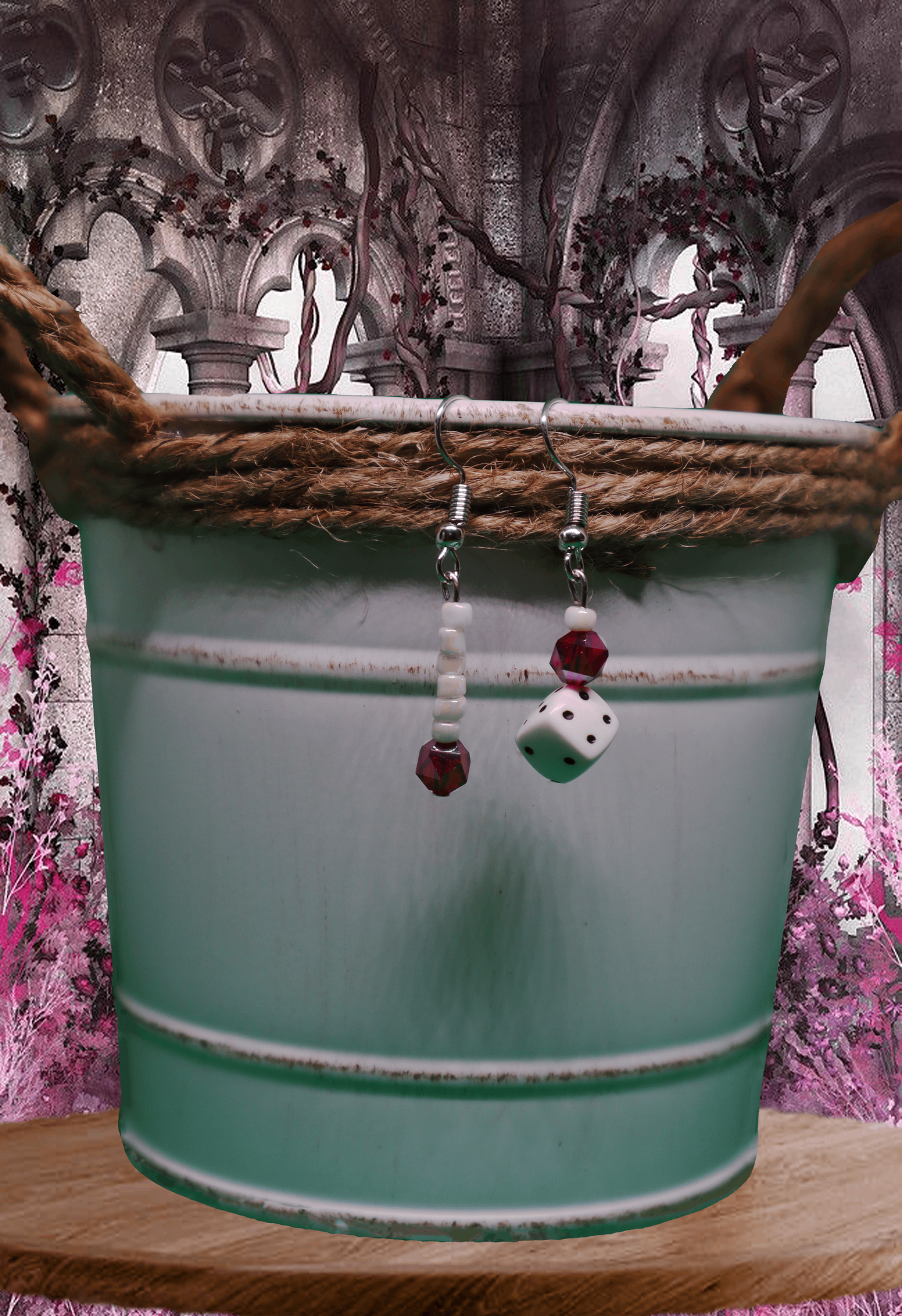 Dice Dangle Earrings with Red Crystals & White Beads by When The Sun Doth Sleep