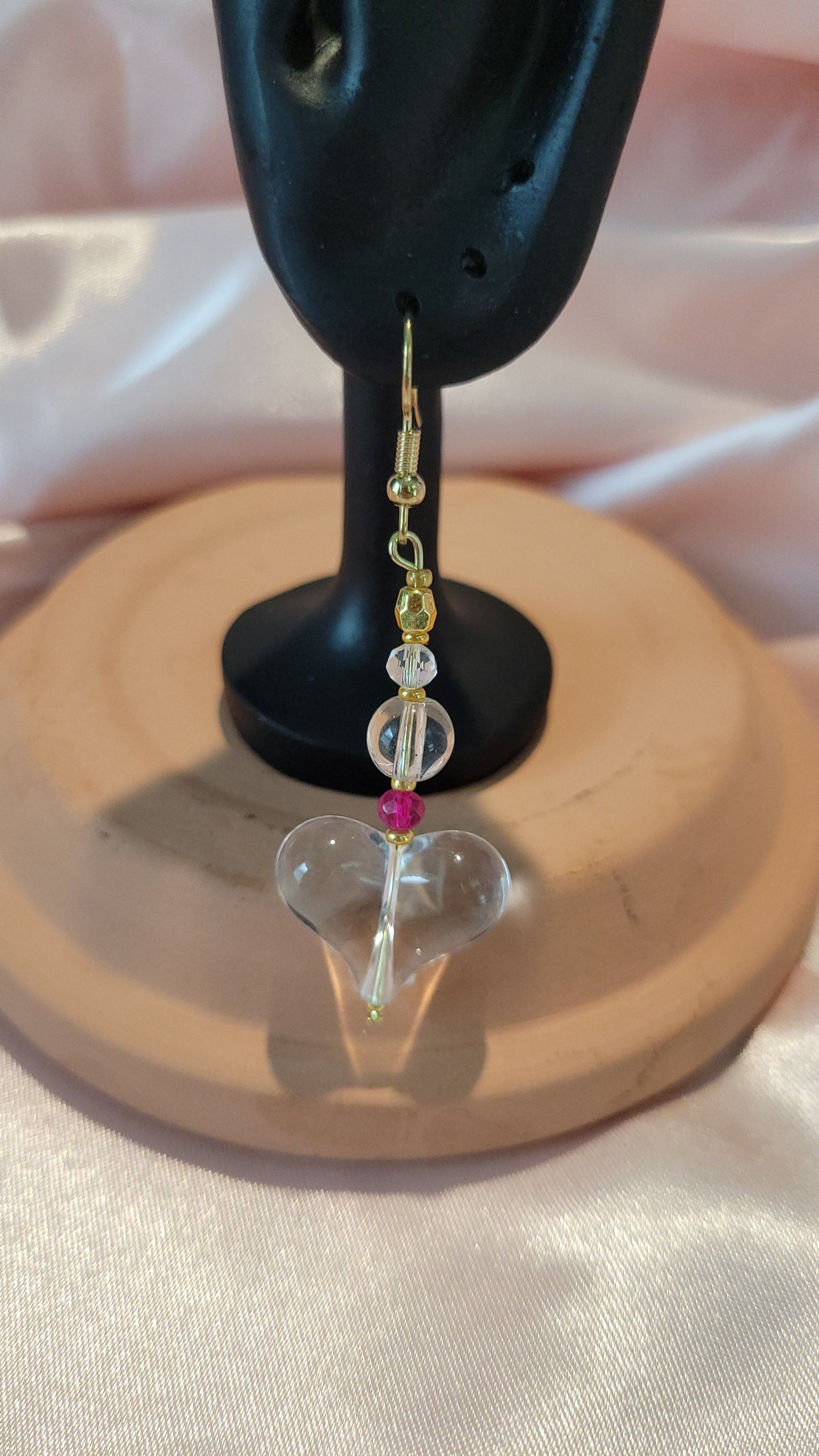 Pink & Clear Beaded Heart Dangle Earrings by When The Sun Doth Sleep