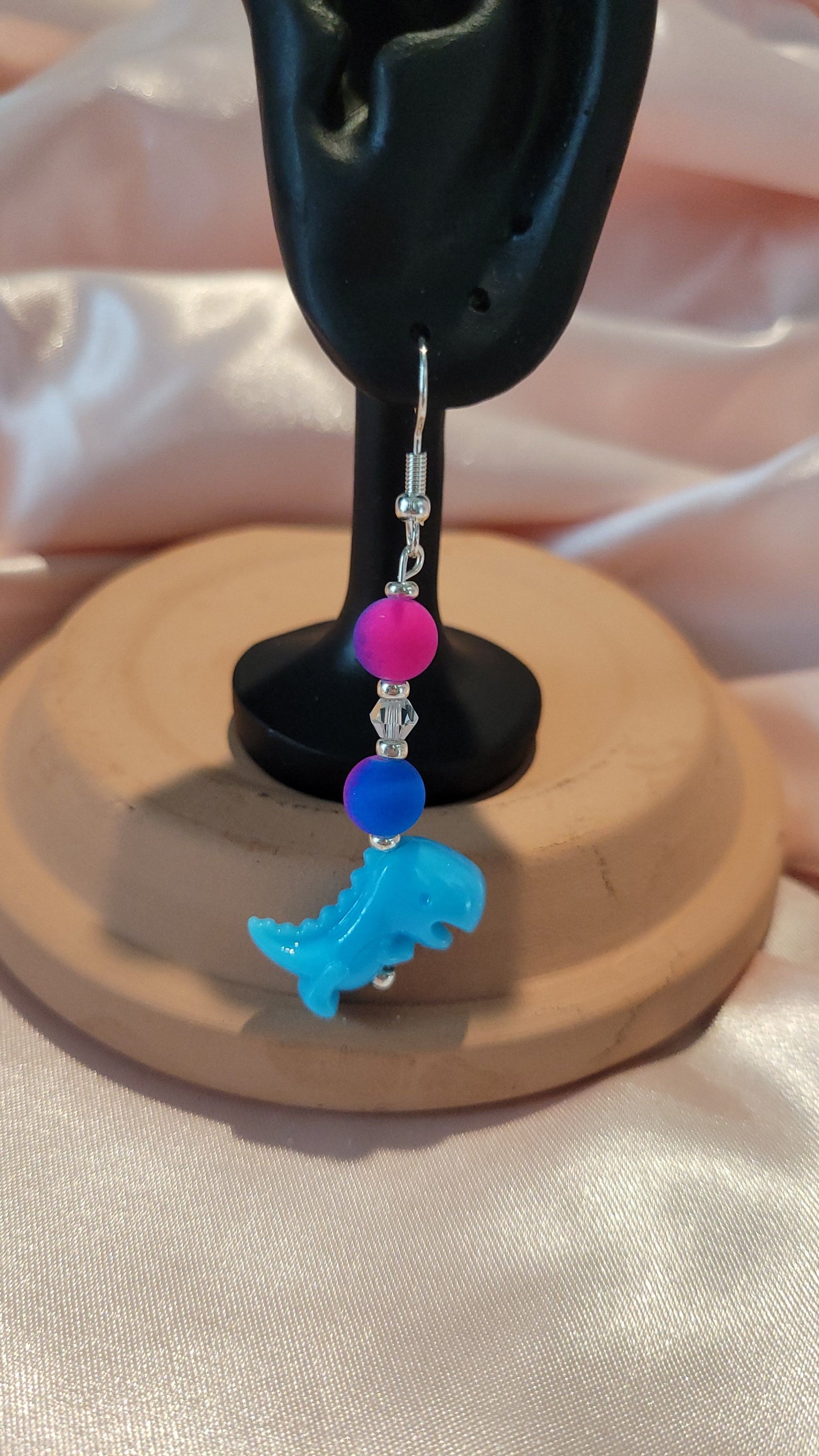 Pink & Blue Beaded Dinosaur Dangle Earrings by When The Sun Doth Sleep