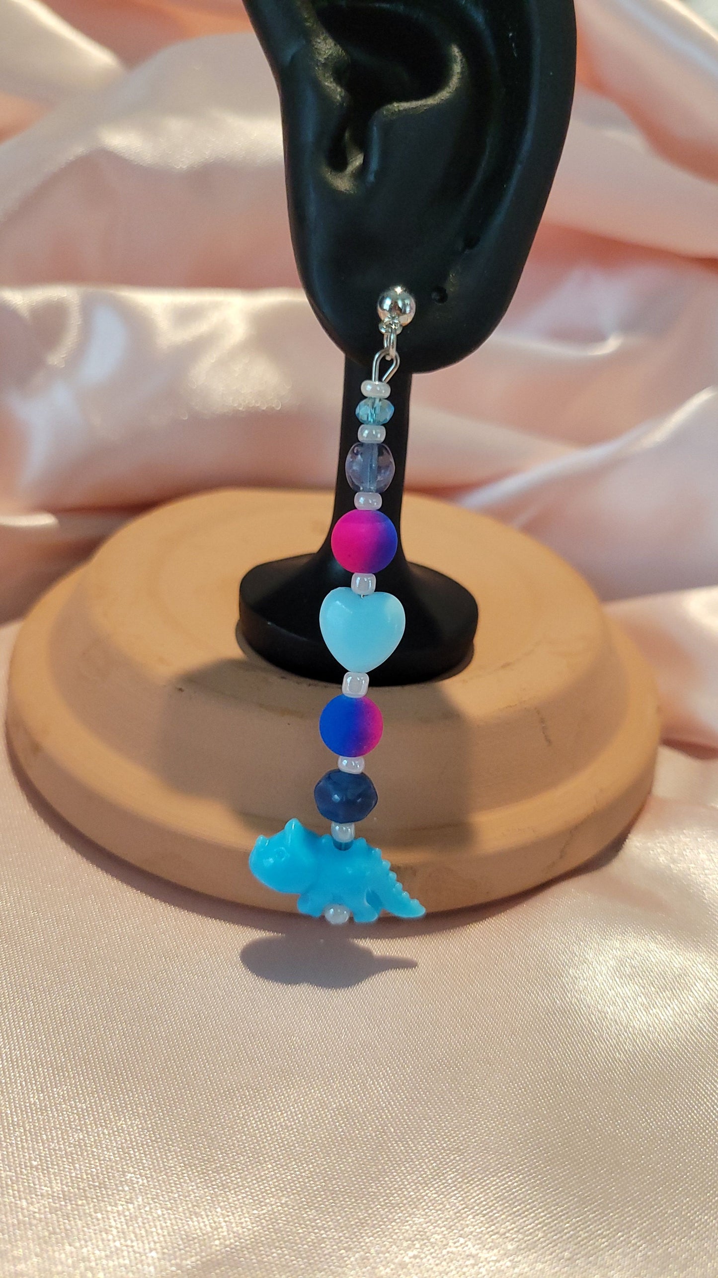 Pink & Blue Dinosaur Beaded Dangle Earrings by When The Sun Doth Sleep