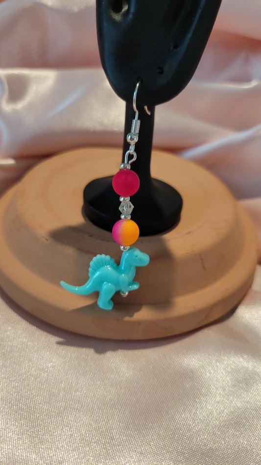 Neon Beaded Blue Dinosaur Dangle Earrings by When The Sun Doth Sleep