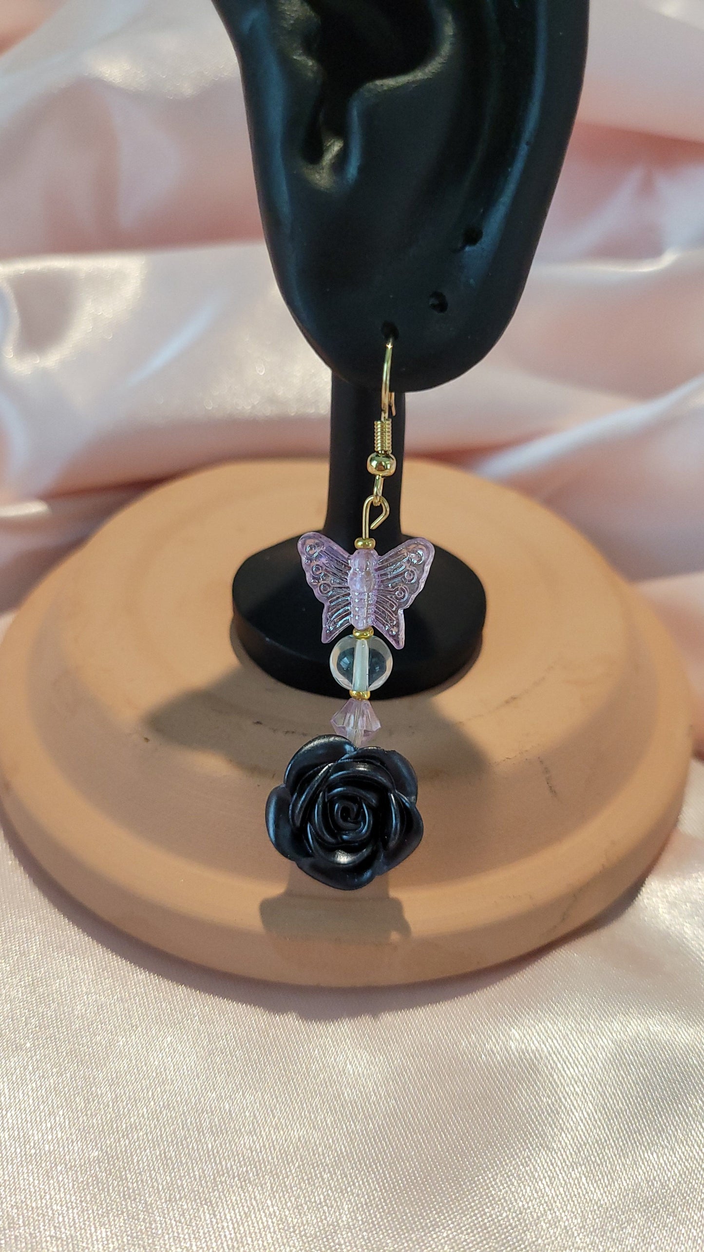 Black Rose & Purple Butterfly Dangle Earrings by When The Sun Doth Sleep