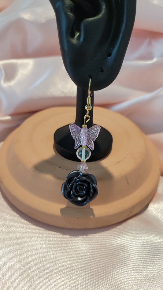 Black Rose & Purple Butterfly Dangle Earrings by When The Sun Doth Sleep